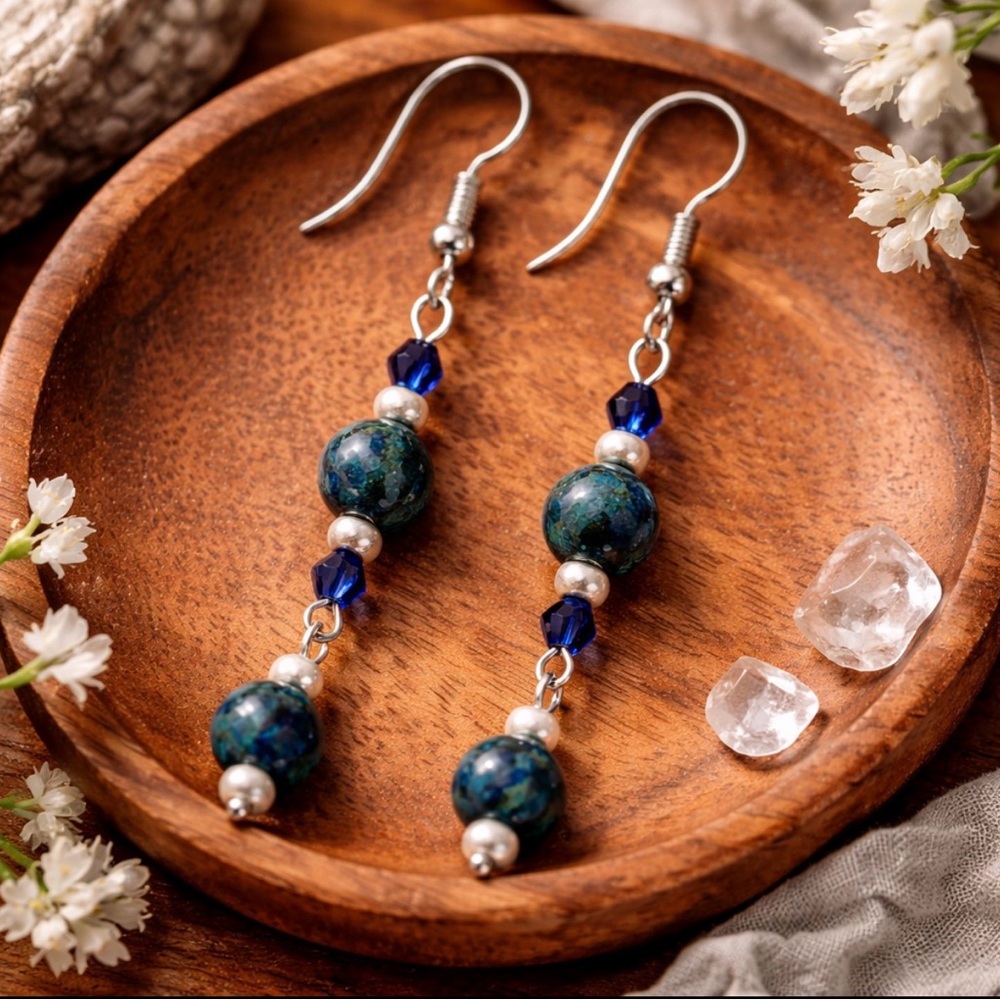 Vintage Azurite Malachite Dangle Earrings Czech Crystal Boho 2.5” Handcrafted